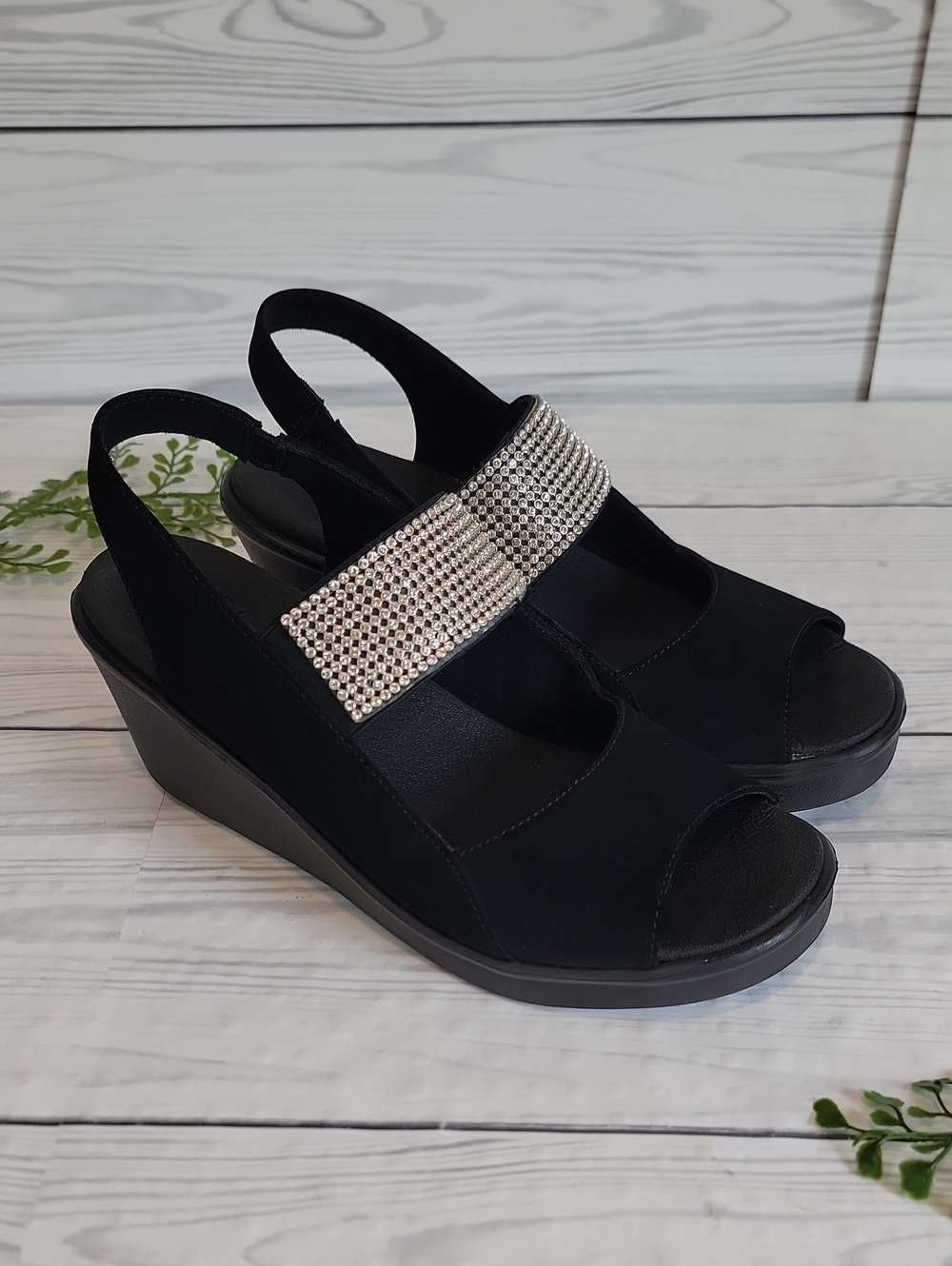 Skechers Cali Rumblers Rhinestone Wedge Sandals - Black Womens Size 10